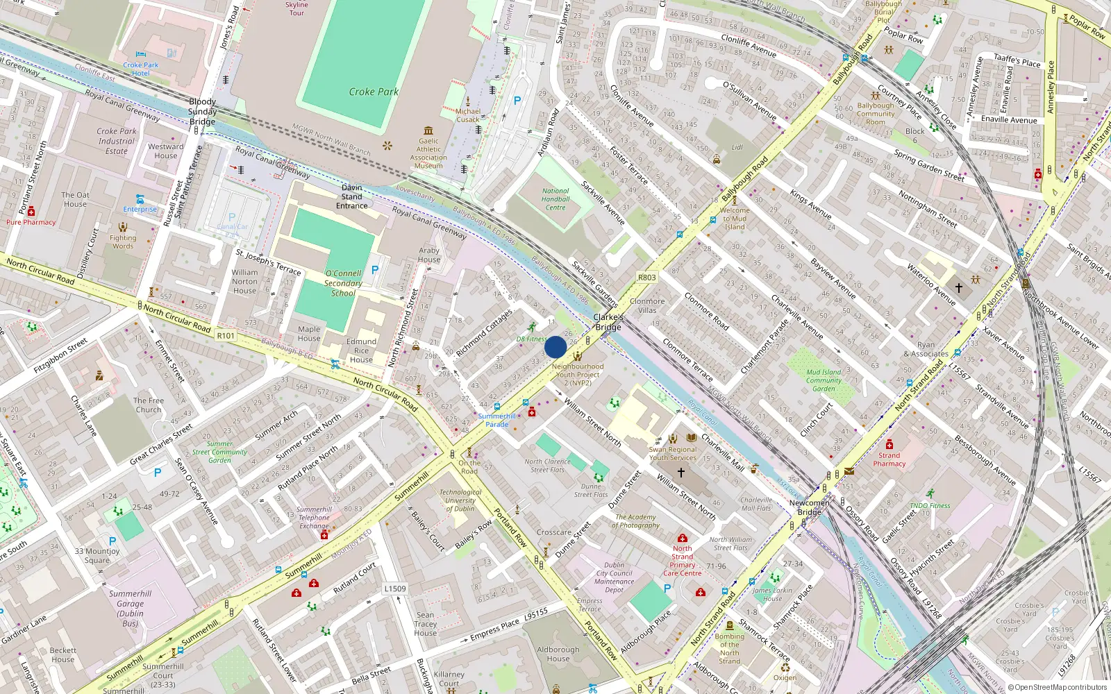 Overhead map showing the location of 29 Summerhill Parade, Dublin
