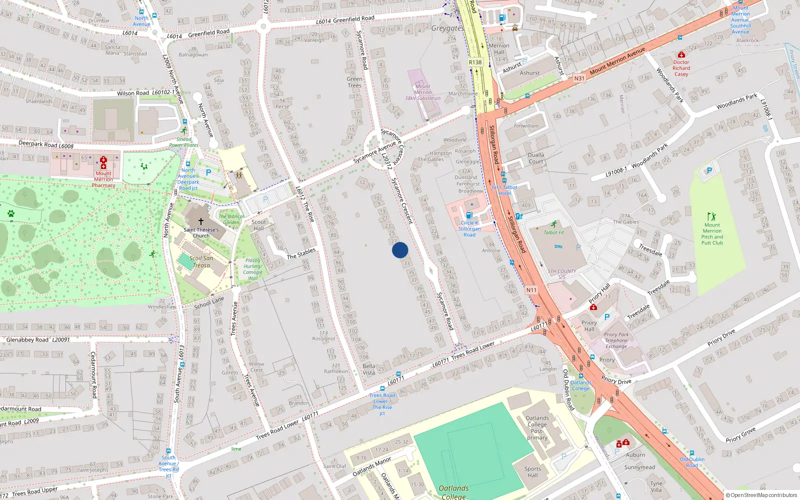 Overhead map showing the location of 29 Sycamore Road, Mount Merrion, Co Dublin