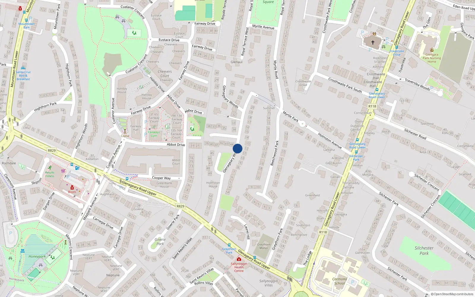 Overhead map showing the location of 29 the Orchard, Glenageary Woods, Dun Laoghaire