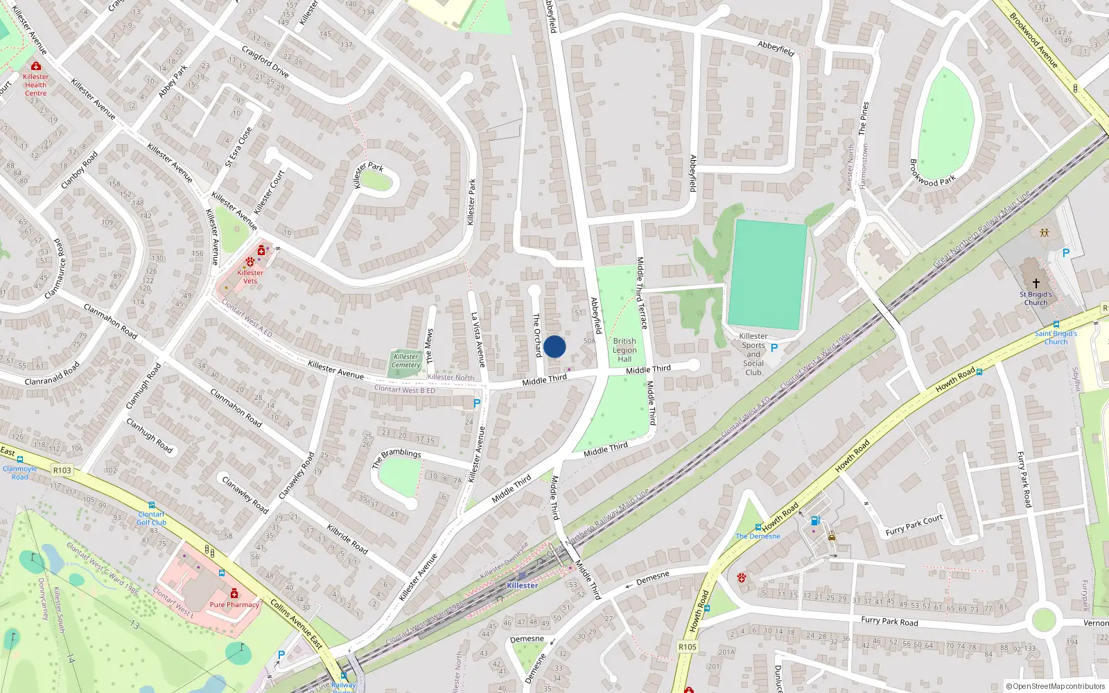 Overhead map showing the location of 29 The Orchard, Dublin 5