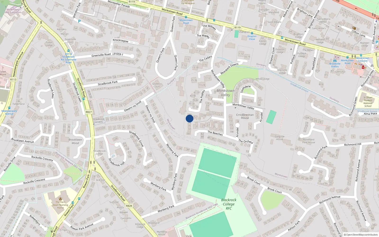 Overhead map showing the location of 29 the Poplars, Monkstown, Dublin