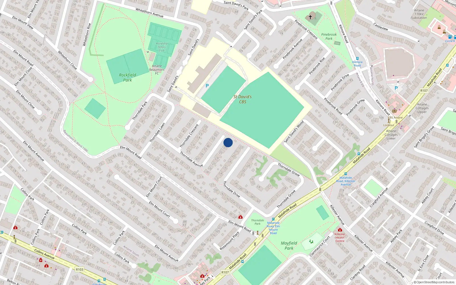 Overhead map showing the location of 29 Thorndale Avenue, Artane, Dublin 5