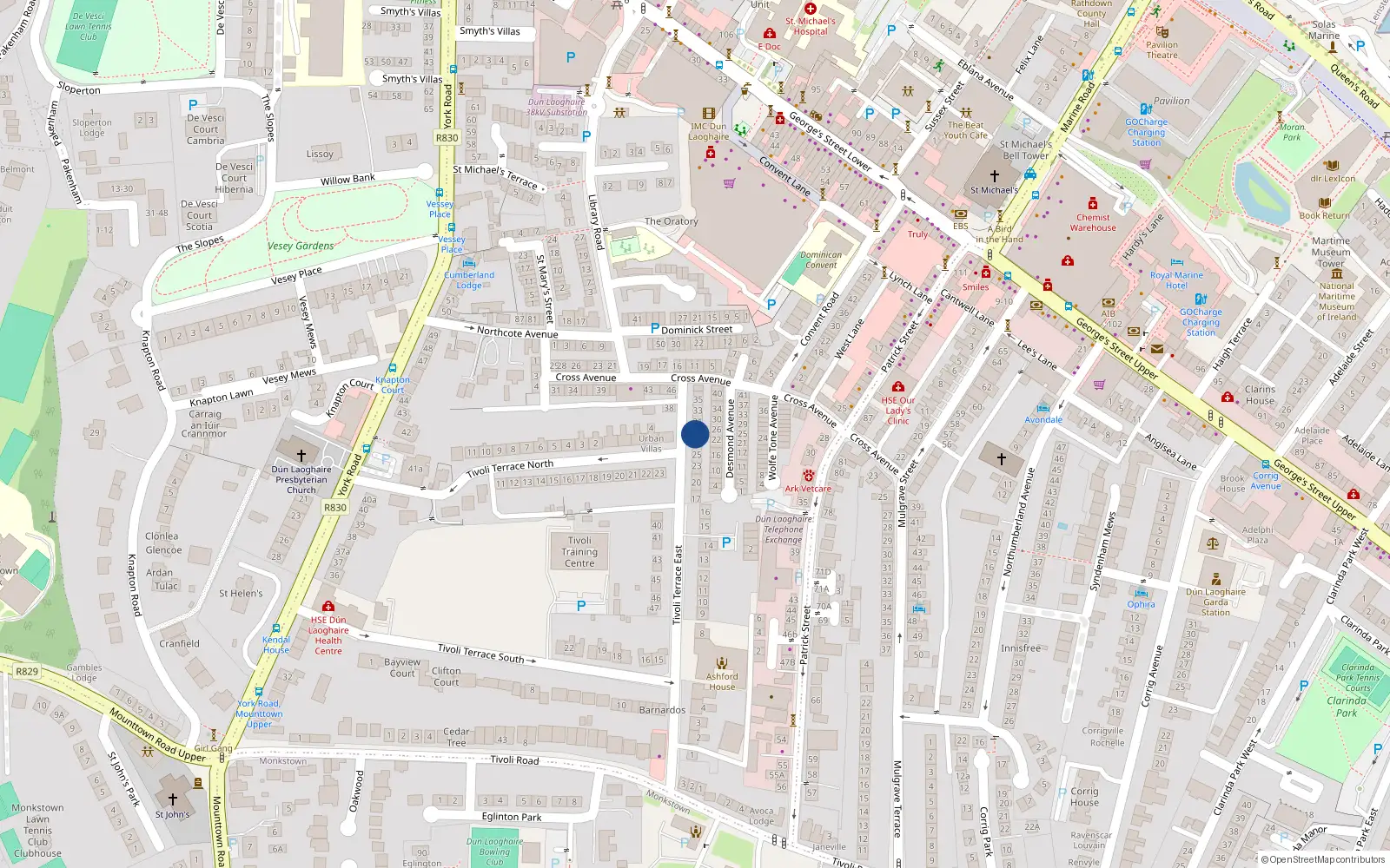 Overhead map showing the location of 29 Tivoli Terrace, Dun Laoghaire, Co Dublin
