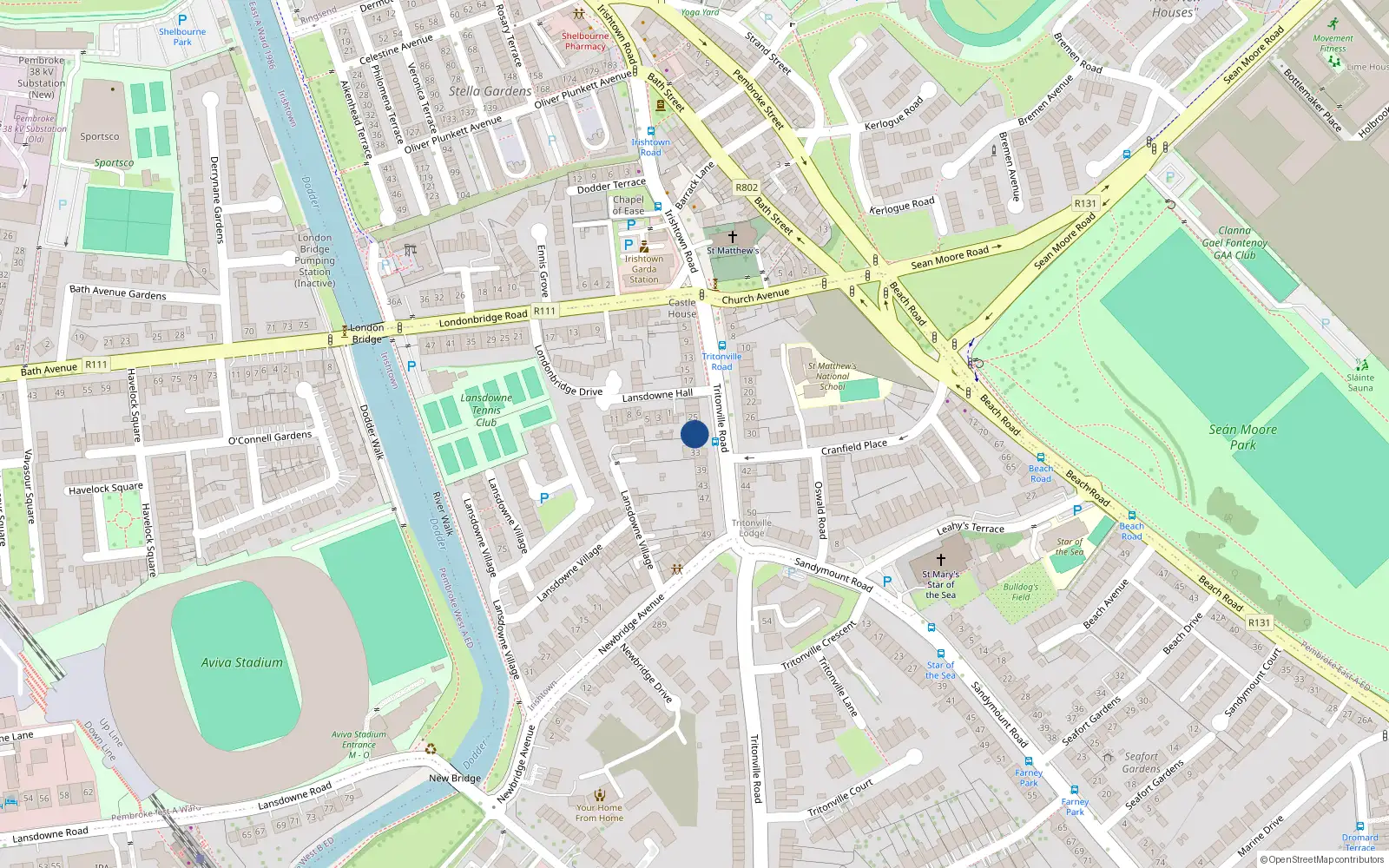 Overhead map showing the location of 29 Tritonville Road, Irishtown