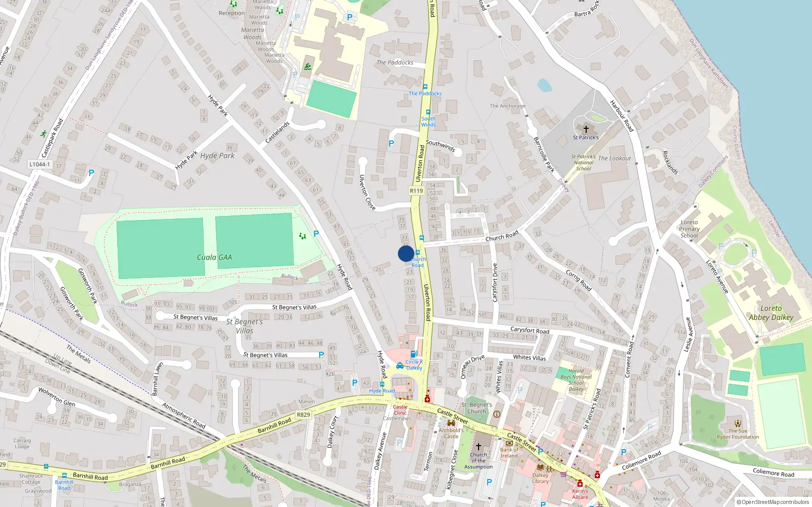 Overhead map showing the location of 29 Ulverton Road, Dalkey