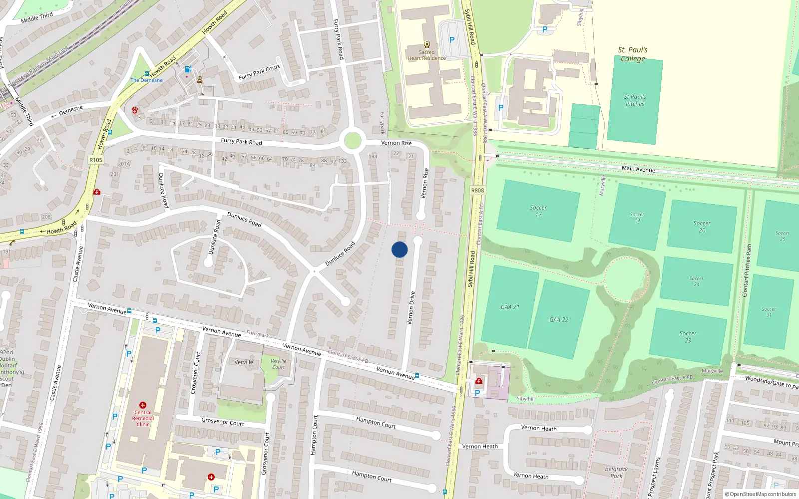 Overhead map showing the location of 29 Vernon Drive, Dublin 3