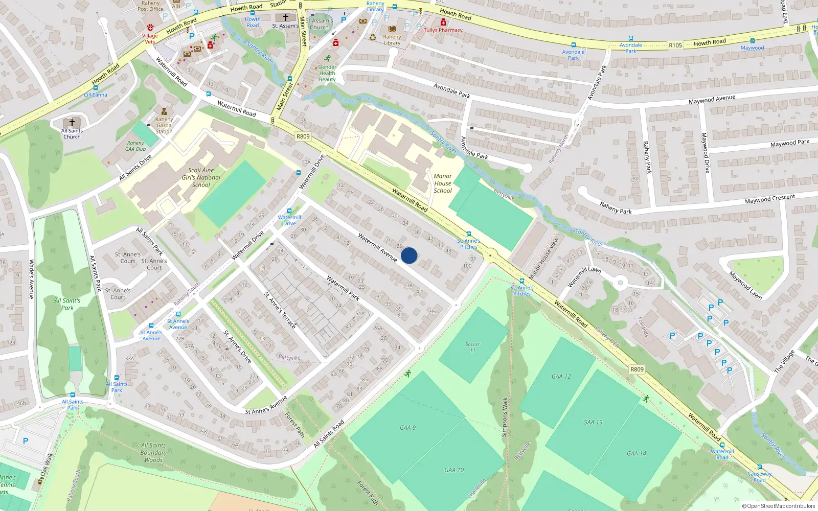 Overhead map showing the location of 29 Watermill Avenue, Raheny, Dublin 5