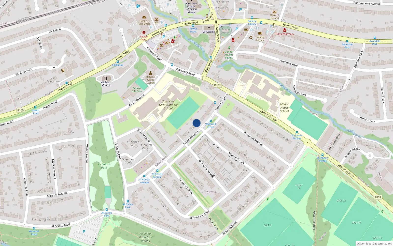 Overhead map showing the location of 29 Watermill Drive, St Annes Estate, Raheny Dublin 5