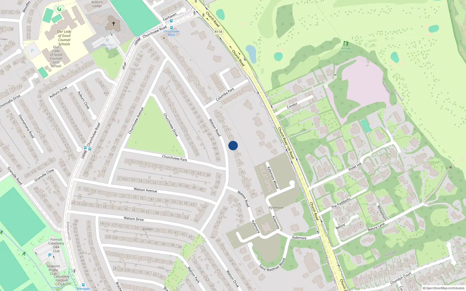 Overhead map showing the location of 29 Watson Road, Killiney