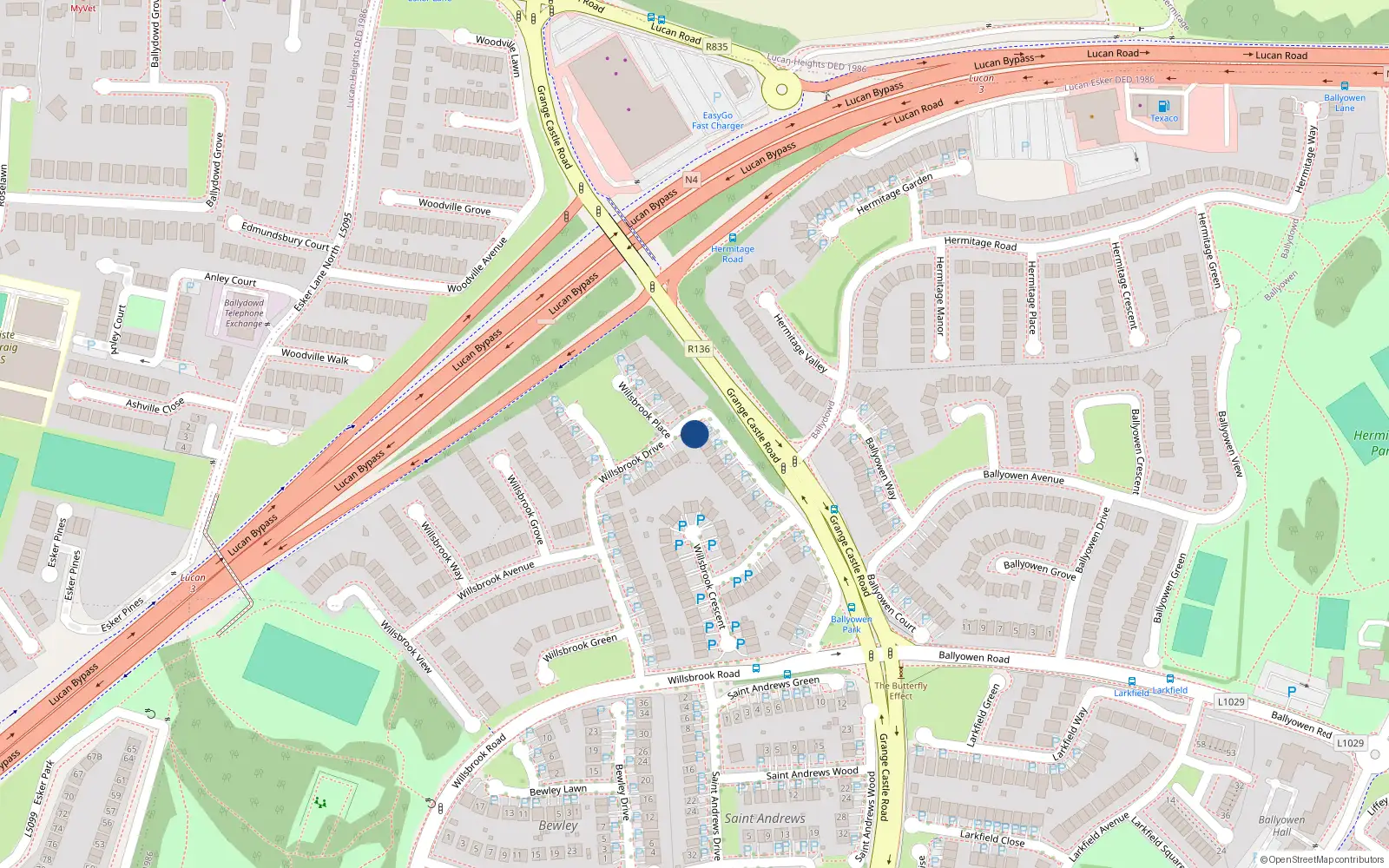 Overhead map showing the location of 29 Willsbrook Drive, Lucan, Dublin