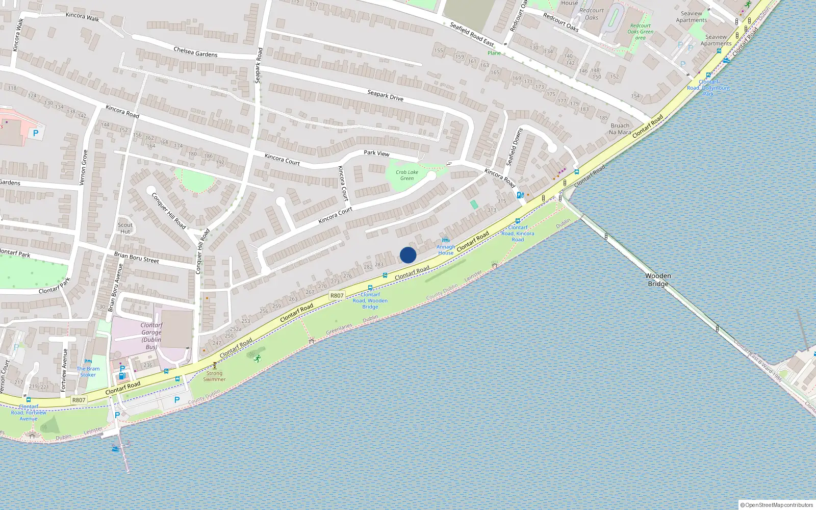 Overhead map showing the location of 296 Clontarf Road, Dublin 3