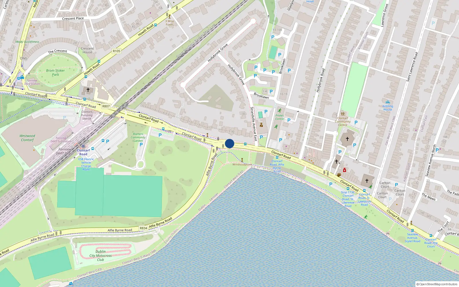 Overhead map showing the location of 297 Clontarf Road, Dublin