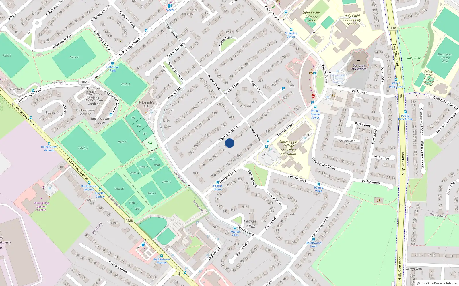 Overhead map showing the location of 299 Pearse Avenue, Sallynoggin, Dublin