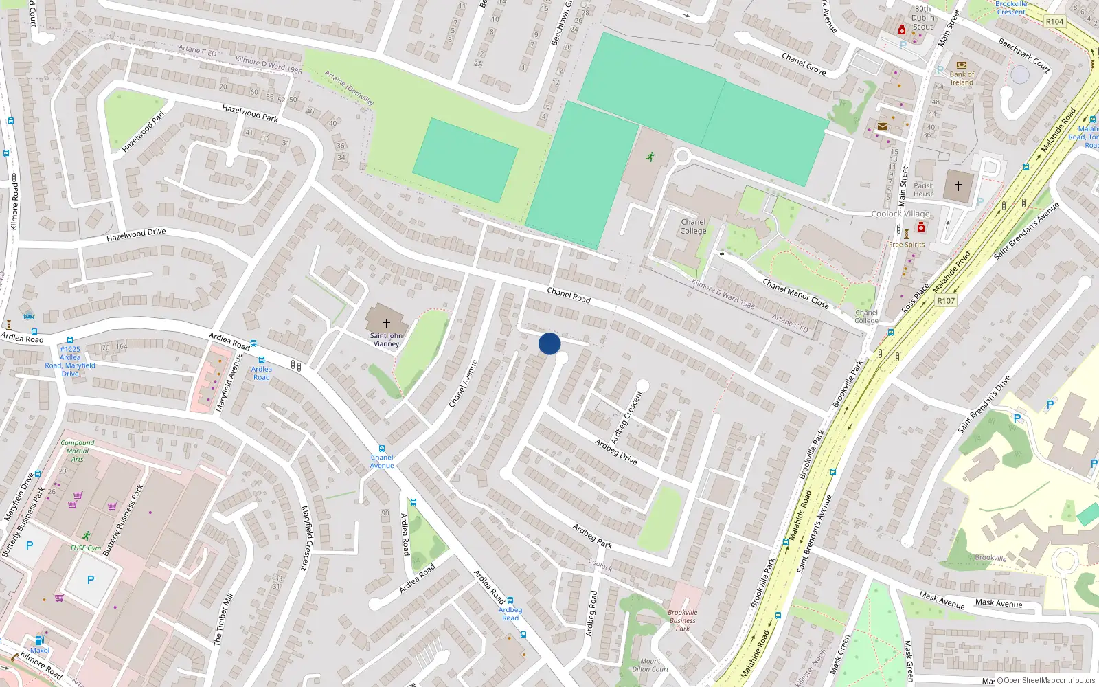 Overhead map showing the location of 2A Ardbeg Park, Artane, Dublin 5
