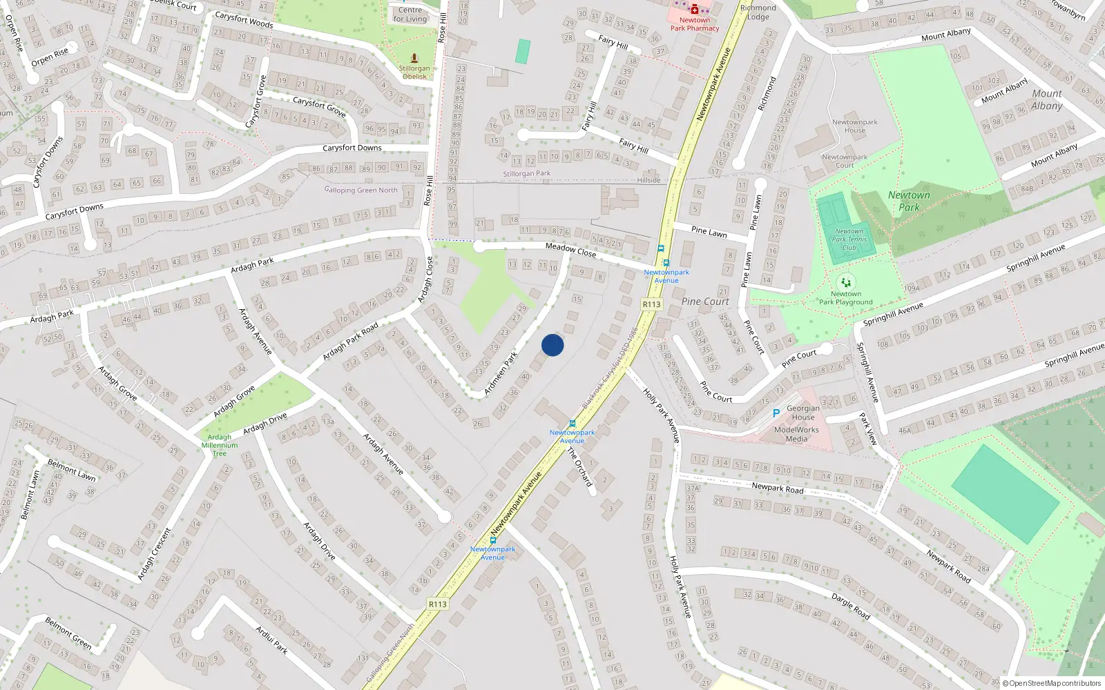 Overhead map showing the location of 2A Ardmeen Park, Blackrock