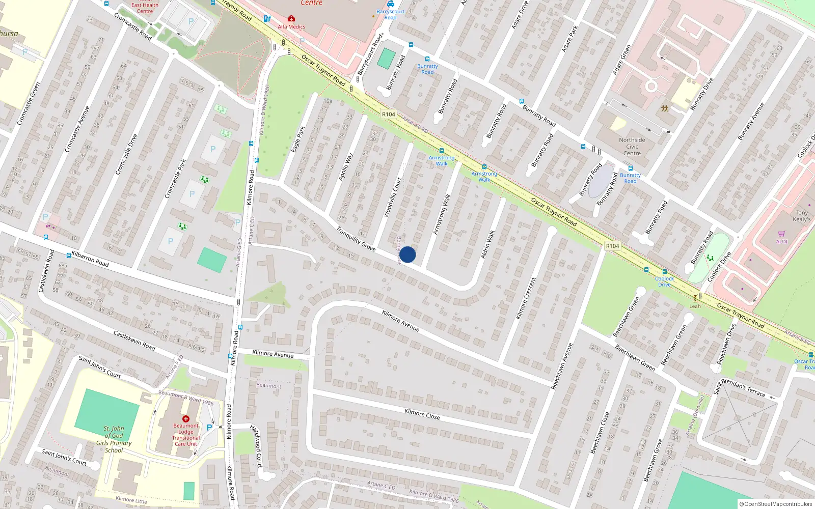 Overhead map showing the location of 2A Armstrong Walk, Woodville Park, Artane Dublin 5