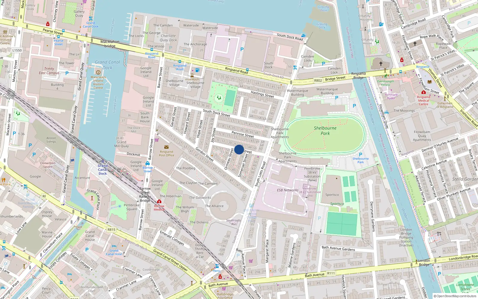 Overhead map showing the location of 2A Doris Street, Dublin 4