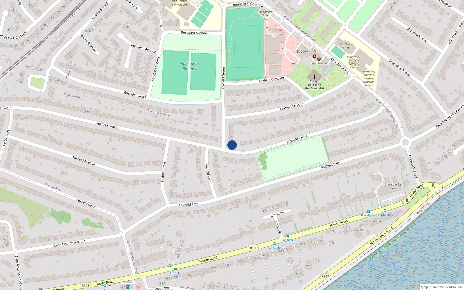 Overhead map showing the location of 2A Foxfield Green, Raheny, Dublin 5