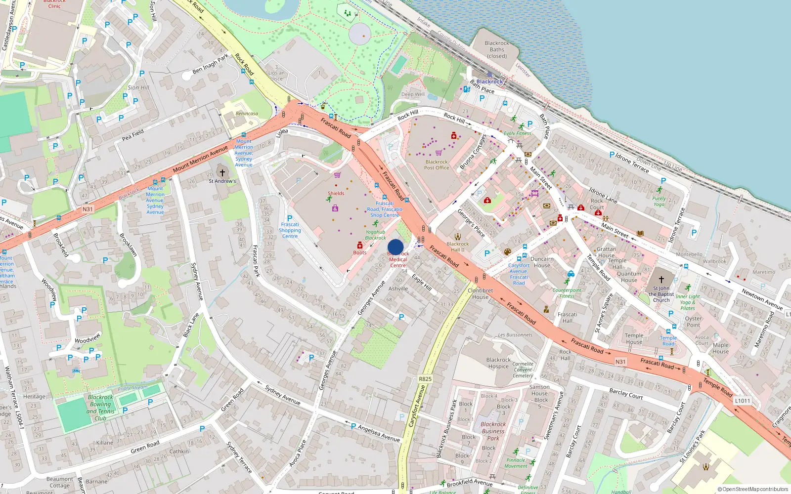 Overhead map showing the location of 2A Frascati Park, Blackrock, Dublin