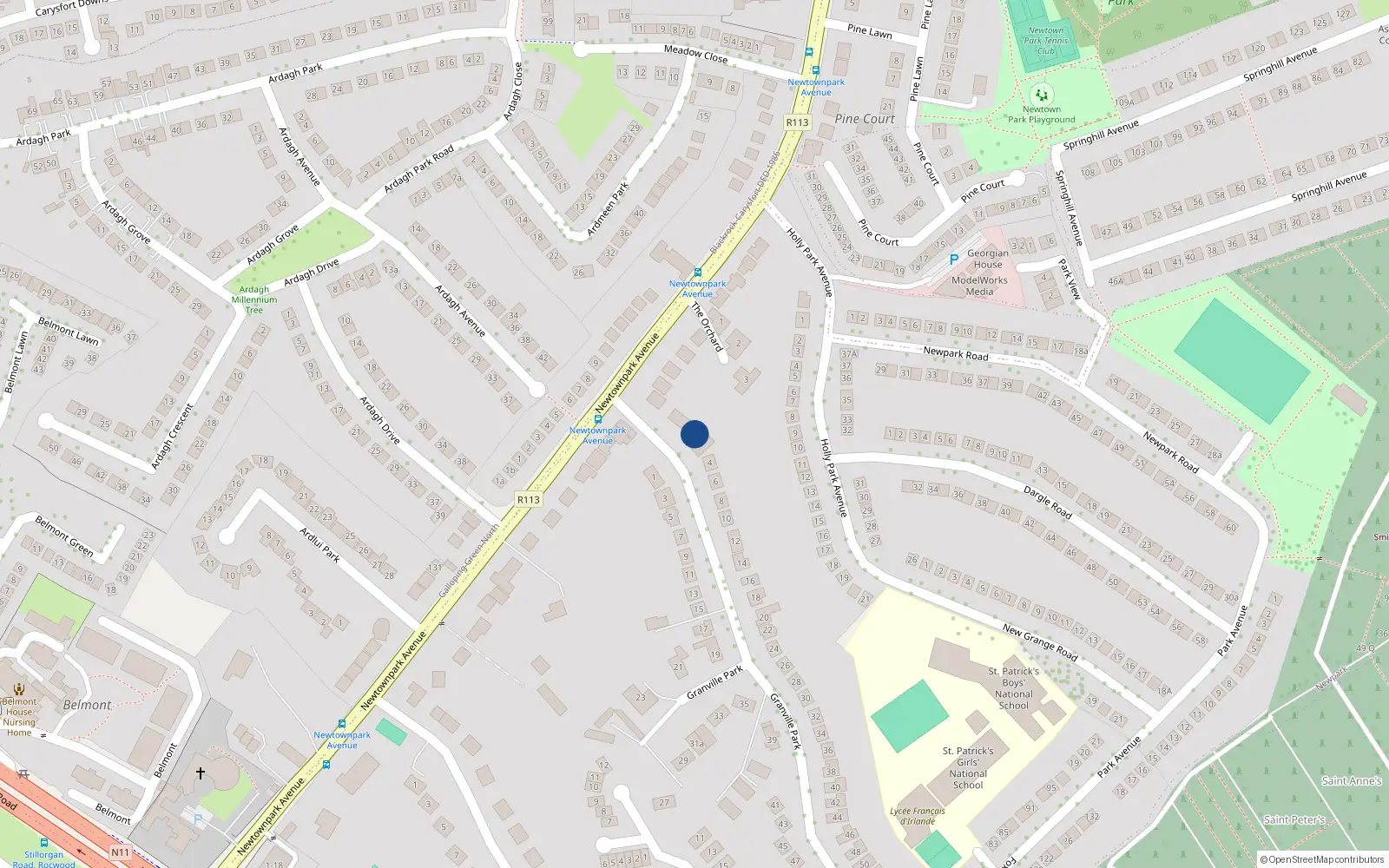 Overhead map showing the location of 2A Granville Park, Blackrock