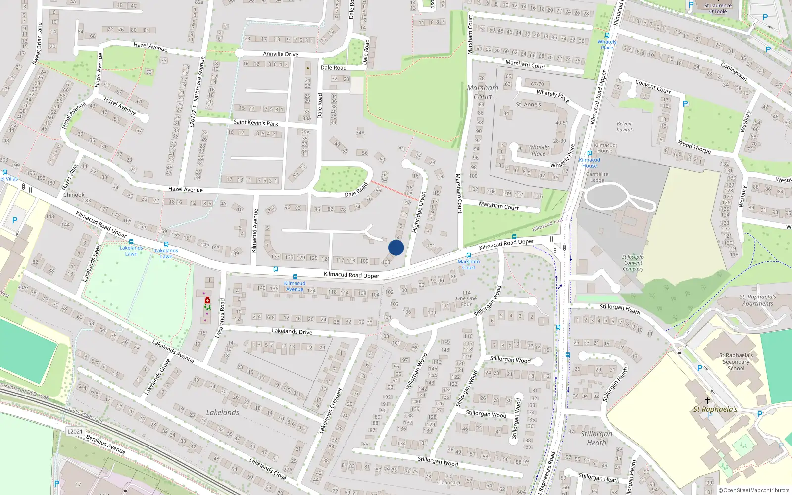 Overhead map showing the location of 2A Highridge Green, Blackrock