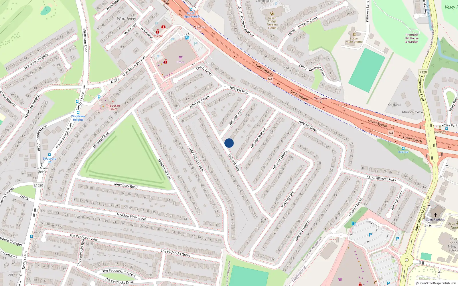 Overhead map showing the location of 2A Hillcrest View, Lucan, County Dublin