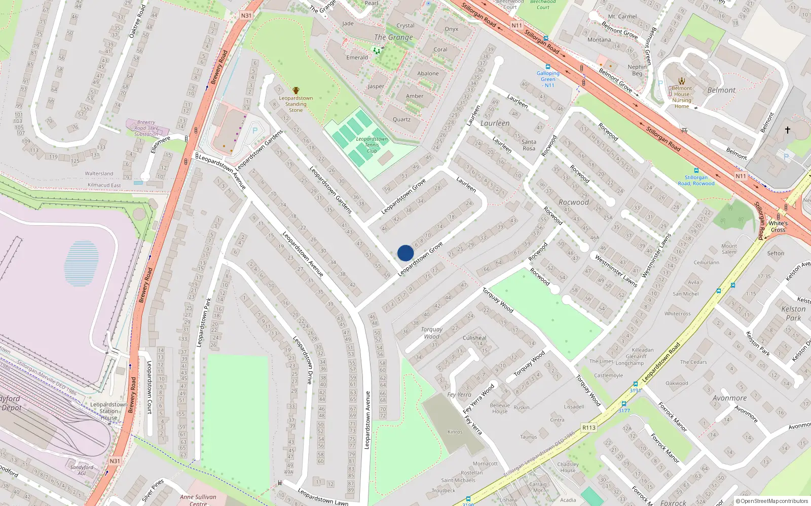 Overhead map showing the location of 2A Leopardstown Grove, Dublin