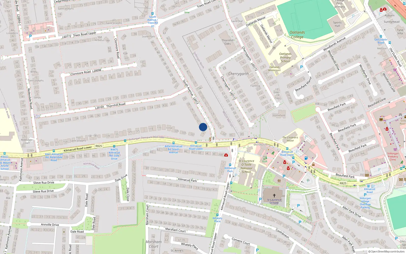 Overhead map showing the location of 2A South Avenue, Mount Merrion, Blackrock