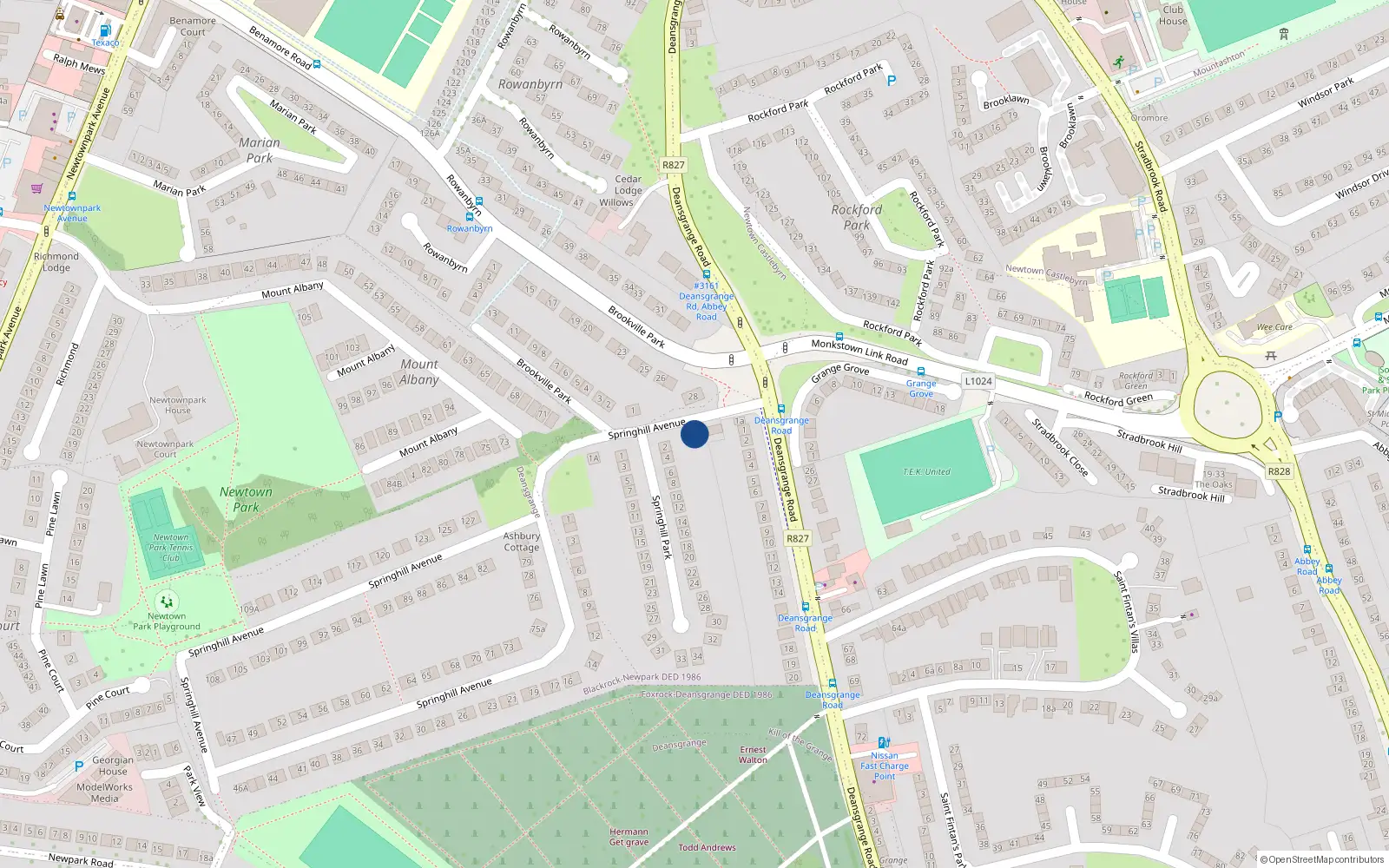 Overhead map showing the location of 2A Springhill Park, Deans Grange Road, Blackrock