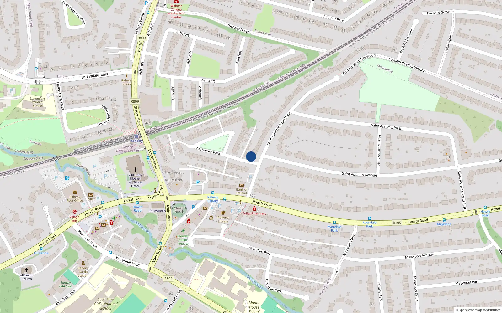 Overhead map showing the location of 2A St Assams Road West, Raheny, Dublin 5