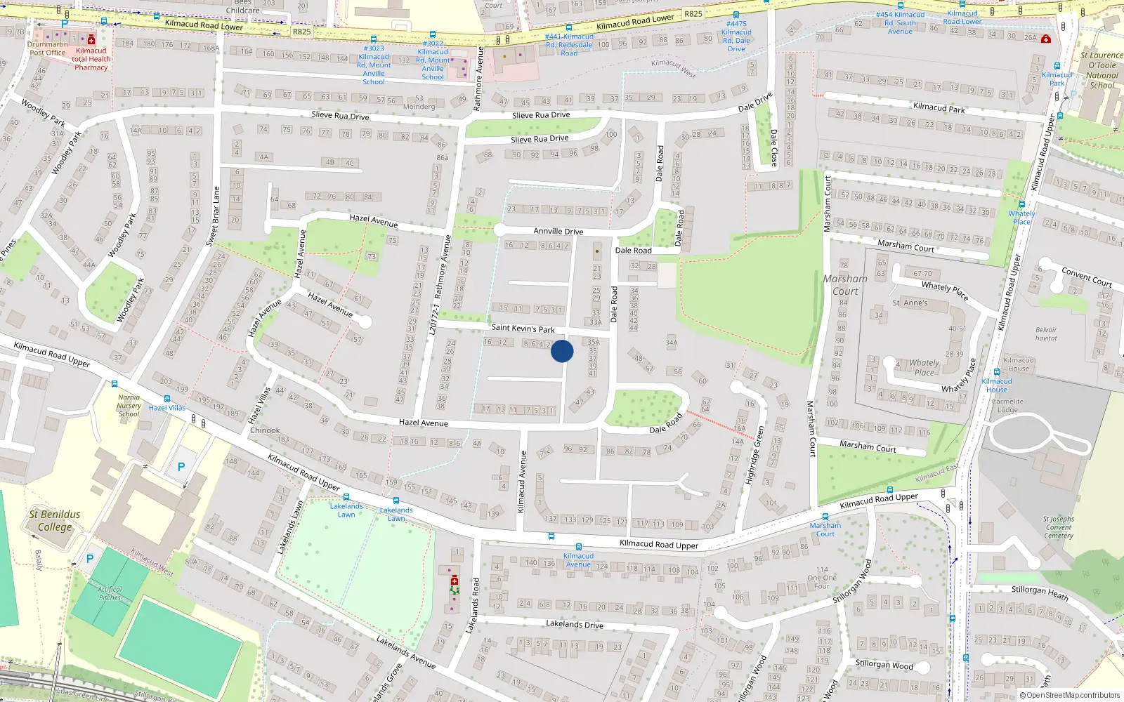 Overhead map showing the location of 2A St Kevins Park, Lower Kilmacud Road, Stillorgan