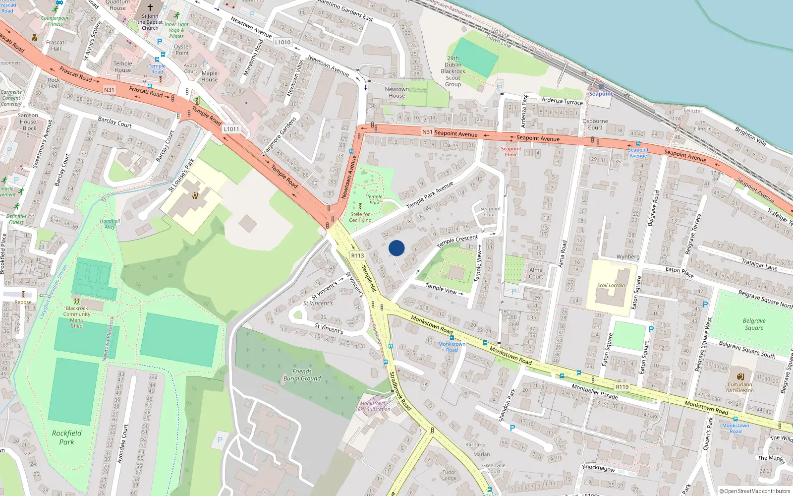 Overhead map showing the location of 2 A Temple Crescent, Monkstown