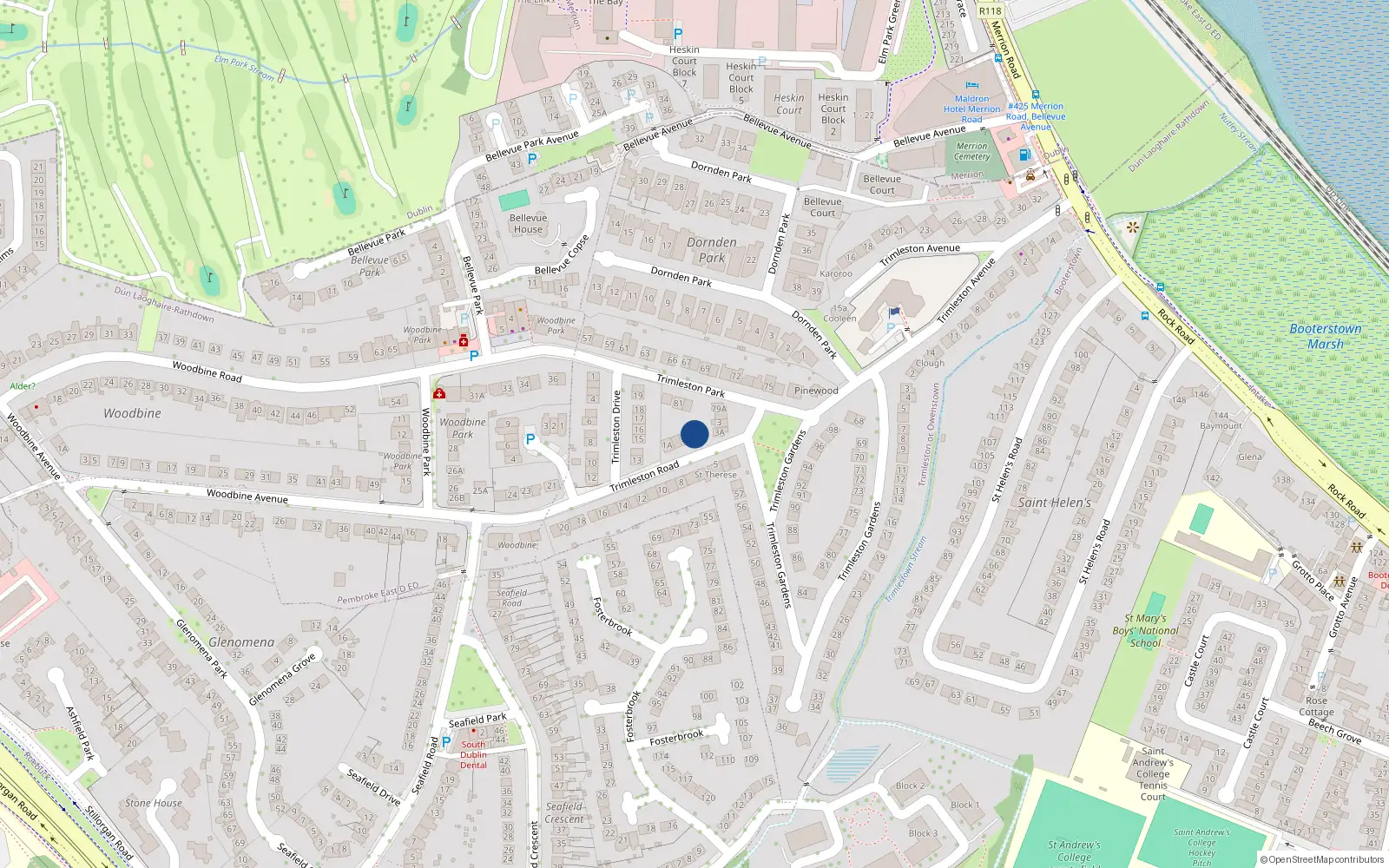 Overhead map showing the location of 2A Trimleston Road, Blackrock