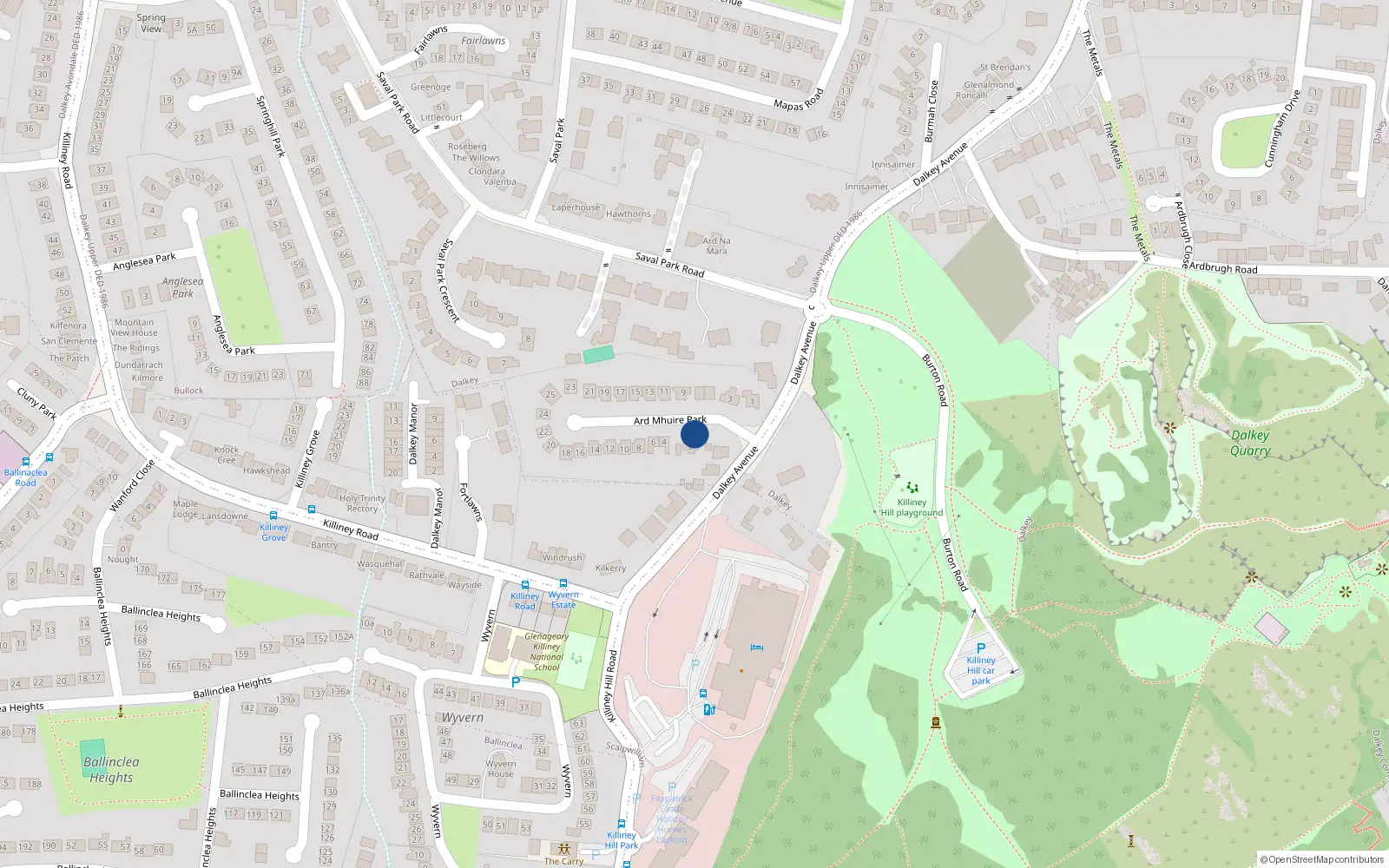 Overhead map showing the location of 2B Ard Mhuire Park, Dalkey, Dublin