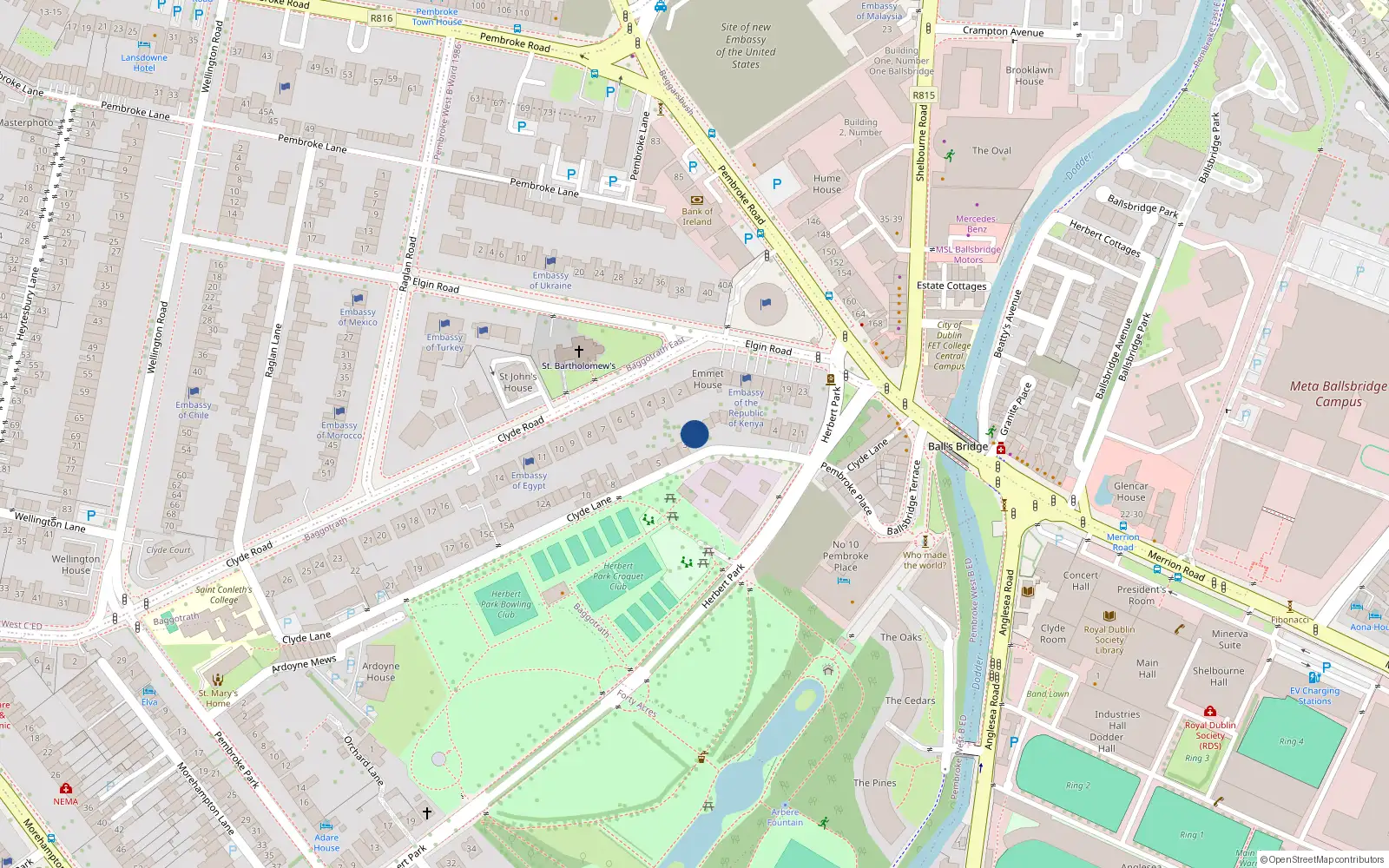 Overhead map showing the location of 2B Clyde Lane, Dublin 4