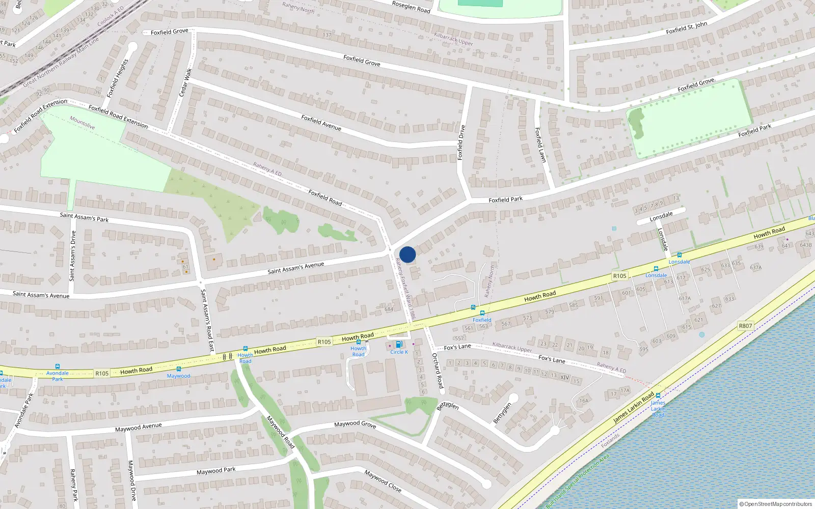 Overhead map showing the location of 2B Foxfield Park, Raheny, Dublin 5