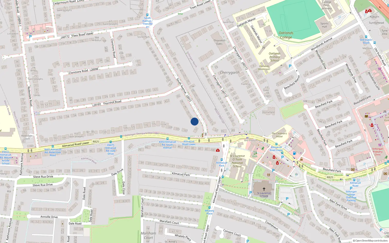 Overhead map showing the location of 2B South Avenue, Mount Merrion, Dublin