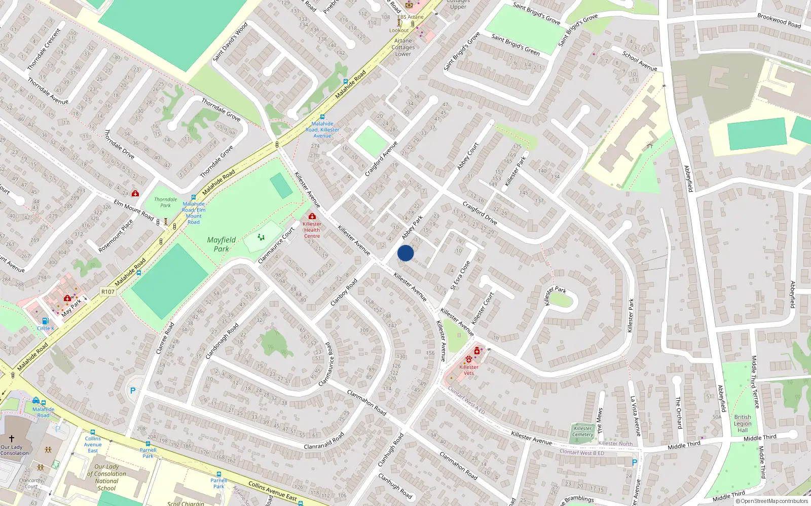 Overhead map showing the location of 3 Abbey Park, Killester, Dublin 5