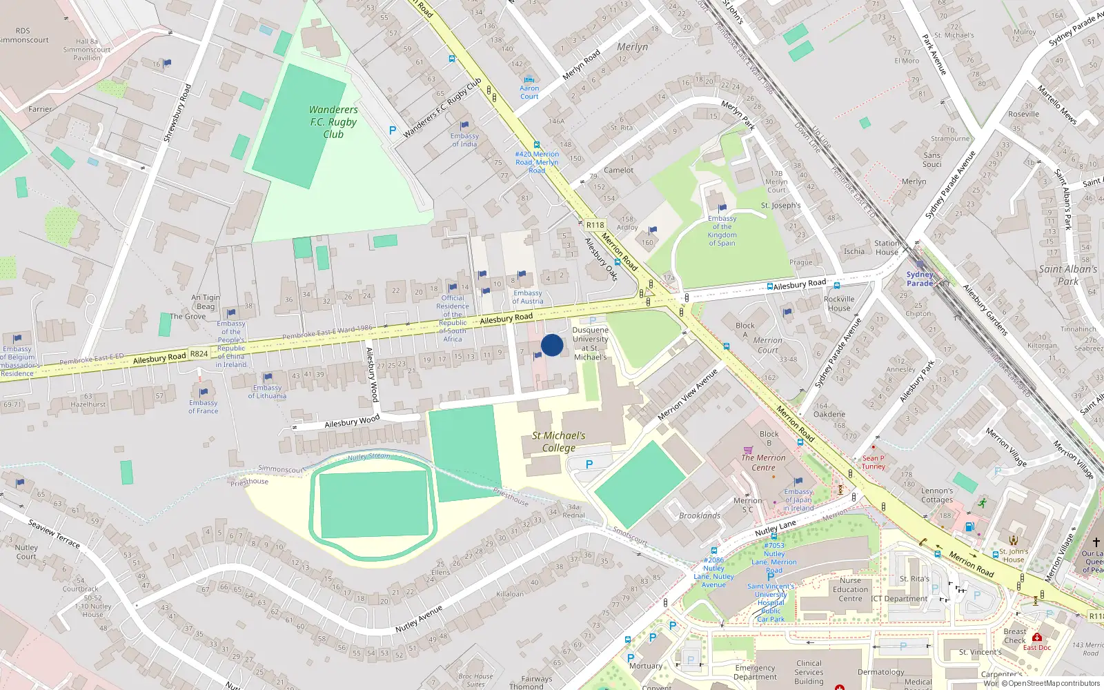 Overhead map showing the location of 3 Ailesbury Road, Simmonscourt