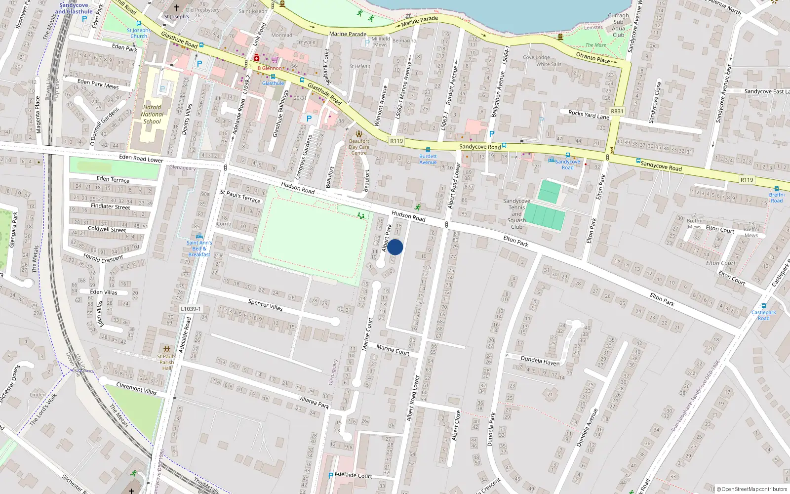 Overhead map showing the location of 3 Albert Park, Sandycove, Dublin