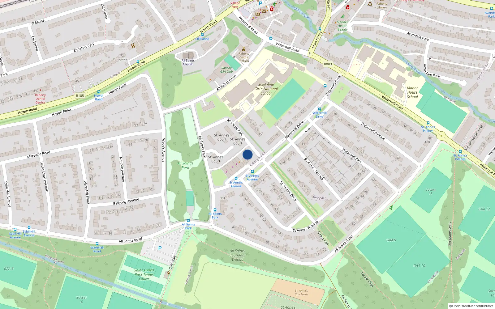 Overhead map showing the location of 3 All Saints Close, Dublin 5