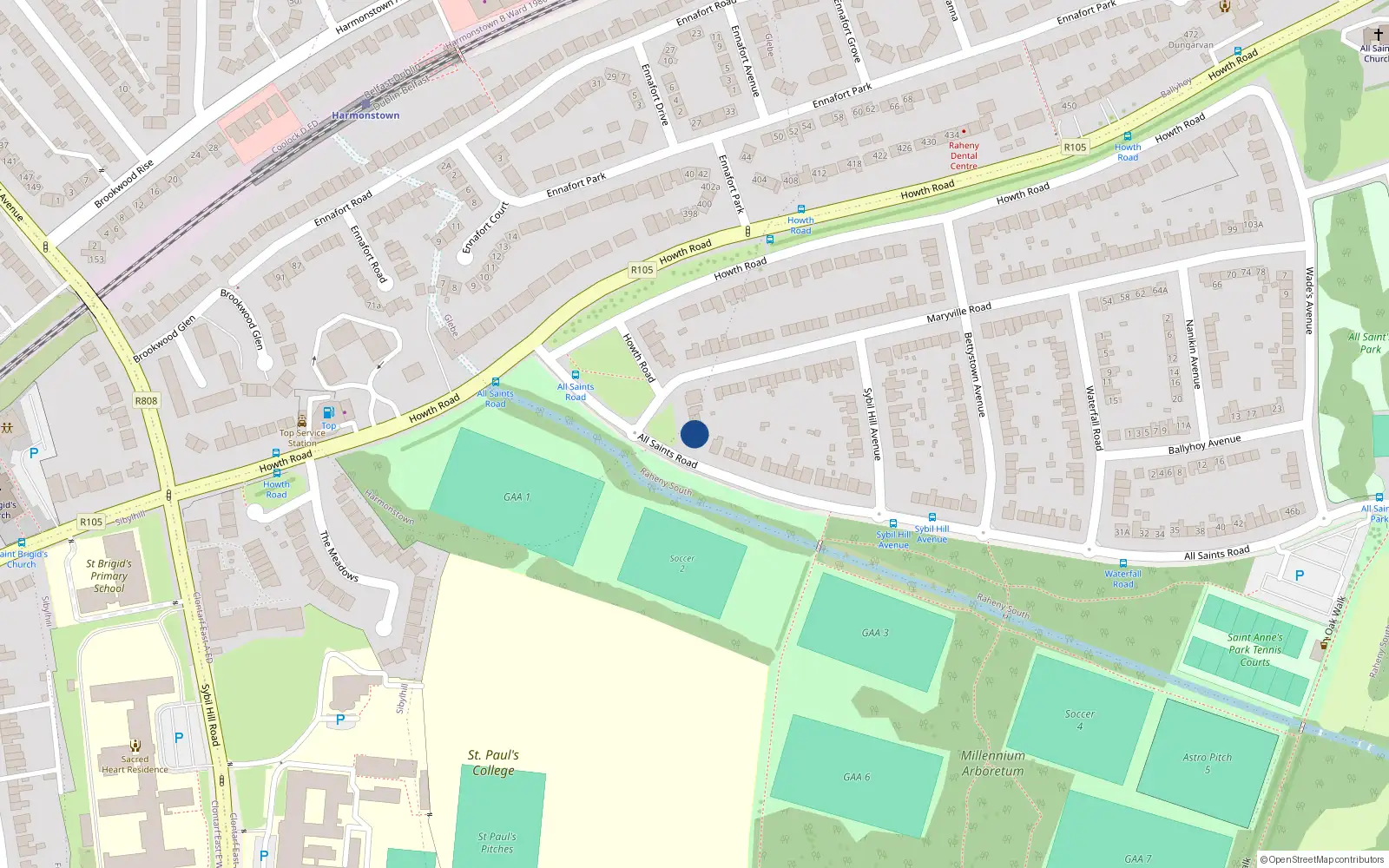 Overhead map showing the location of 3 All Saints Road, Raheny, Dublin 5