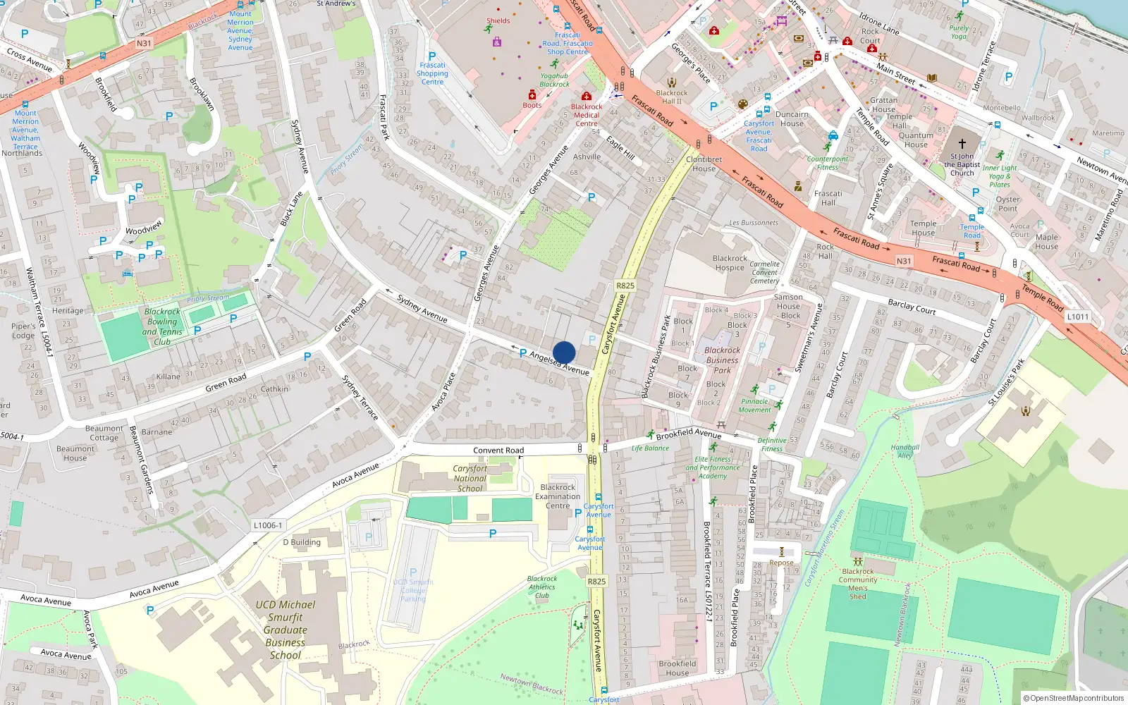 Overhead map showing the location of 3 Anglesea Avenue, Blackrock