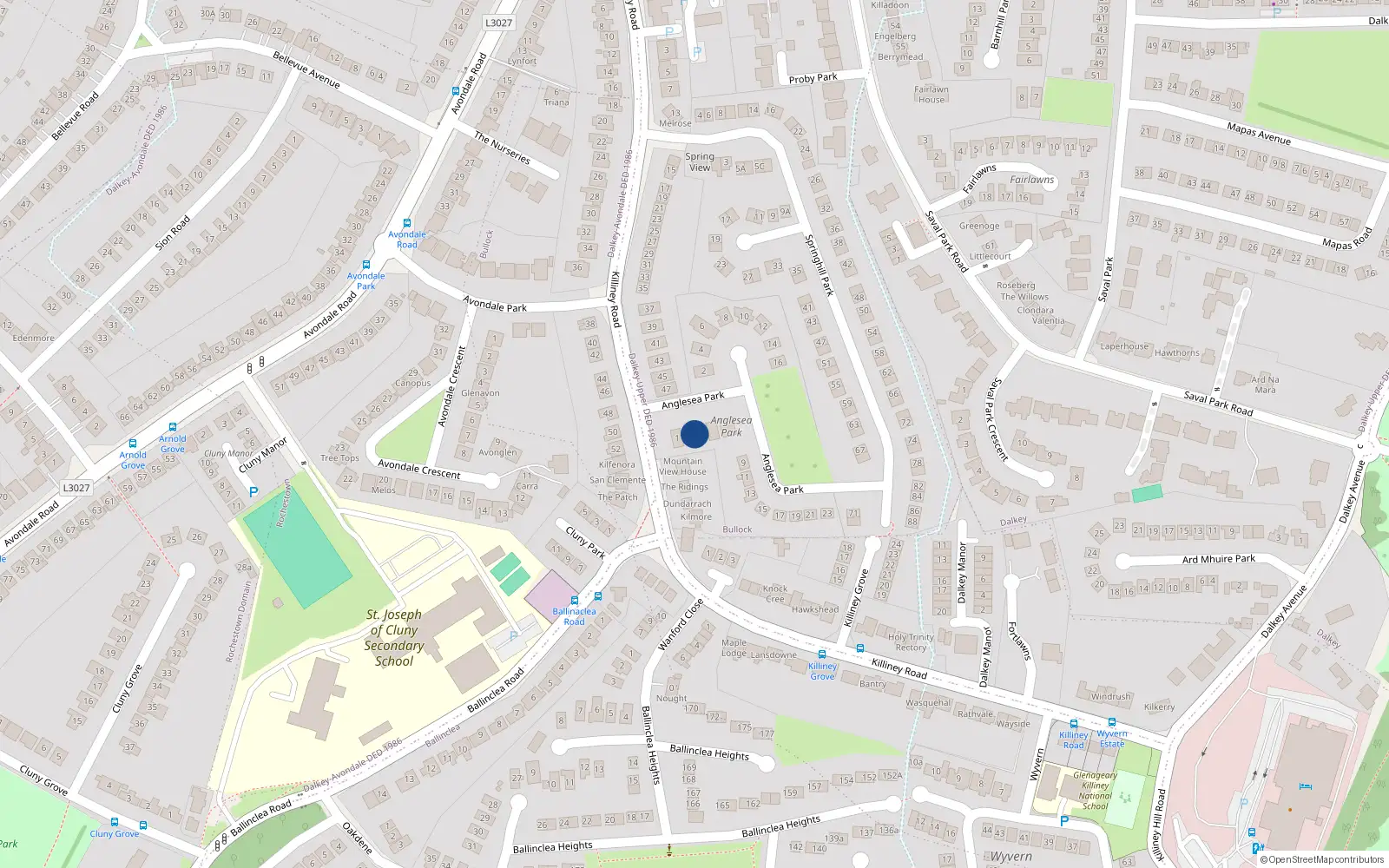 Overhead map showing the location of 3 Anglesea Park, Killiney, Dublin