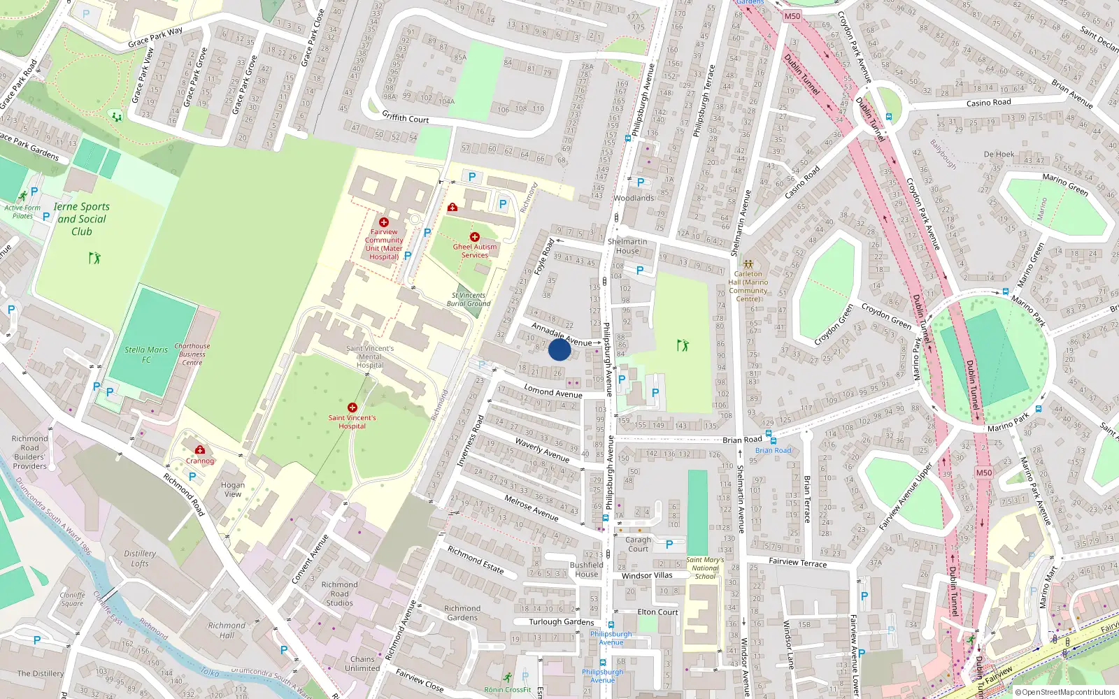 Overhead map showing the location of 3 Annadale Avenue, Fairview, Dublin 3