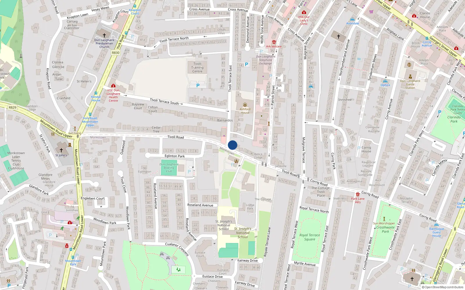 Overhead map showing the location of 3 Ard na Greine, Tivoli Road, Dun Laoghaire