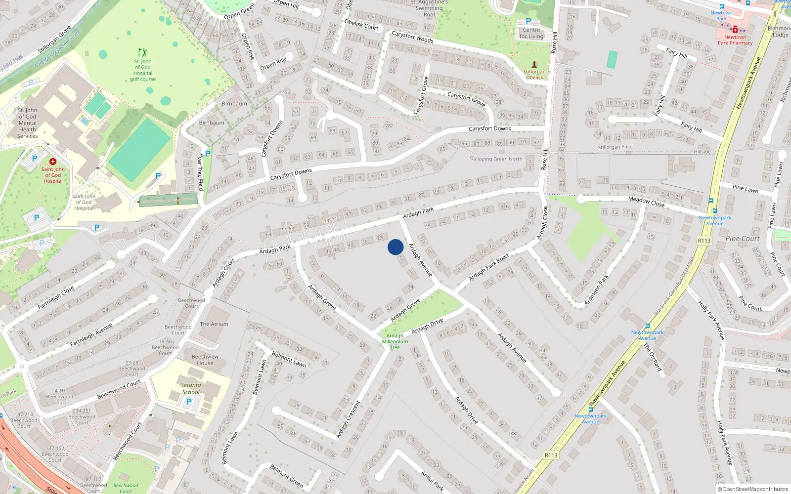 Overhead map showing the location of 3 Ardagh Avenue, Blackrock