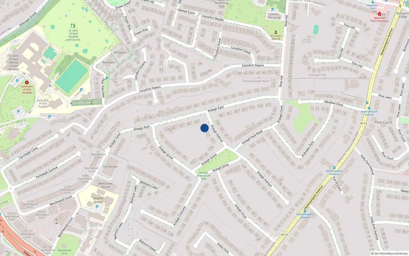 Overhead map showing the location of 3 Ardagh Avenue, Blackrock, Dublin