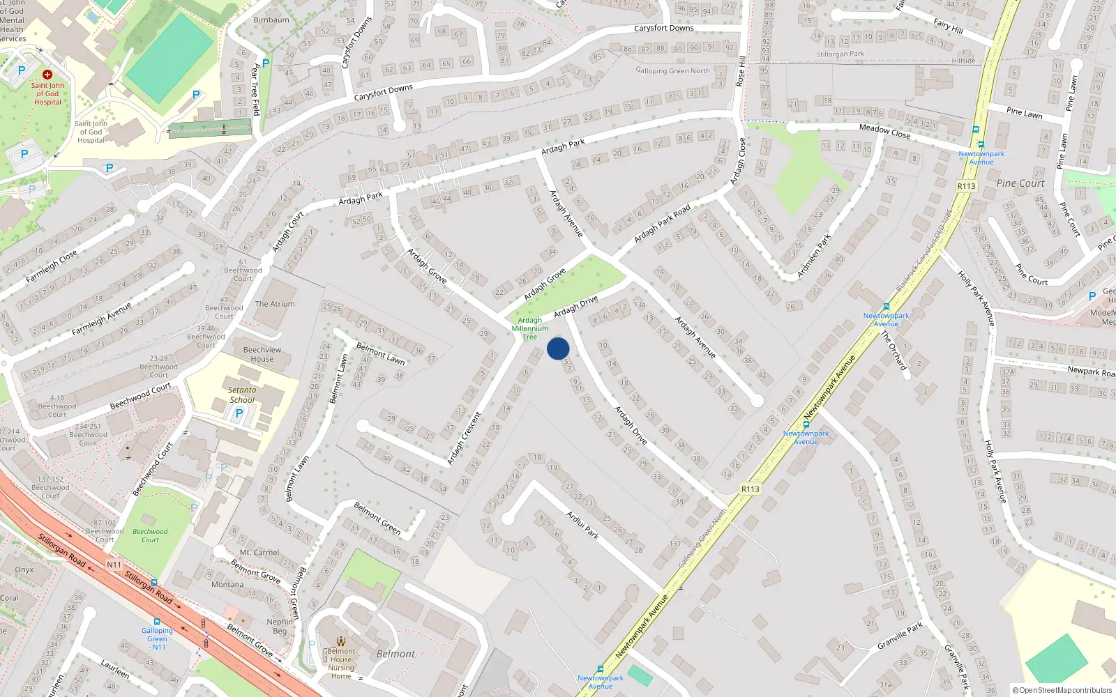 Overhead map showing the location of 3 Ardagh Drive, Blackrock
