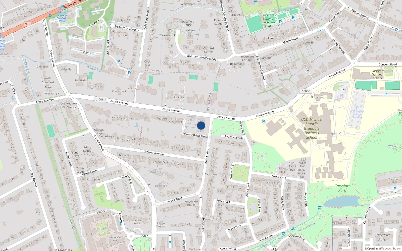 Overhead map showing the location of 3 Avoca Road, Blackrock